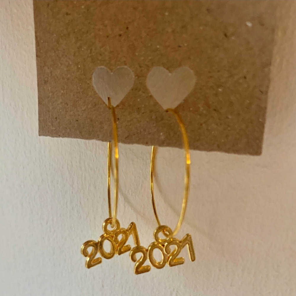 Happy new year earrings 2021 gold hoops Christmas